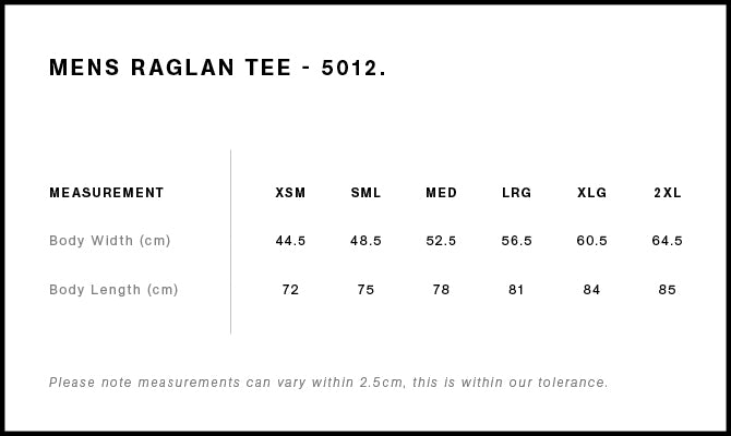 Raglan Tee 5012 - Size guide