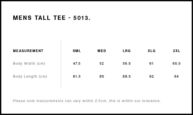 Tall Tee 5013S - Size guide