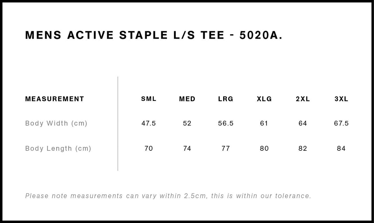 Staple Active L/S Tee 5020A - Size guide