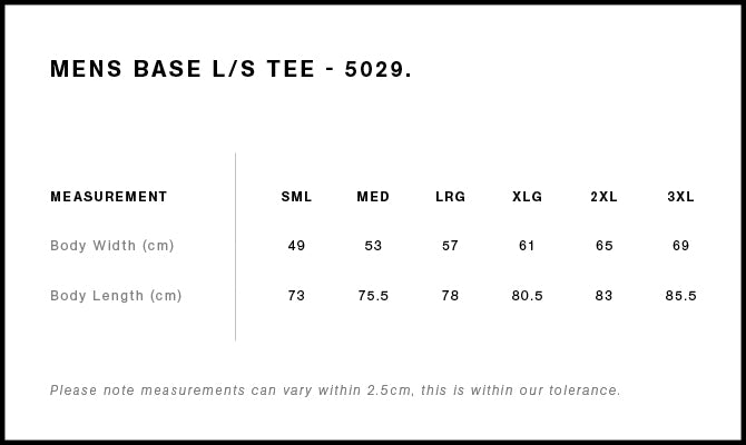 Base L/S Tee 5029 - Size guide