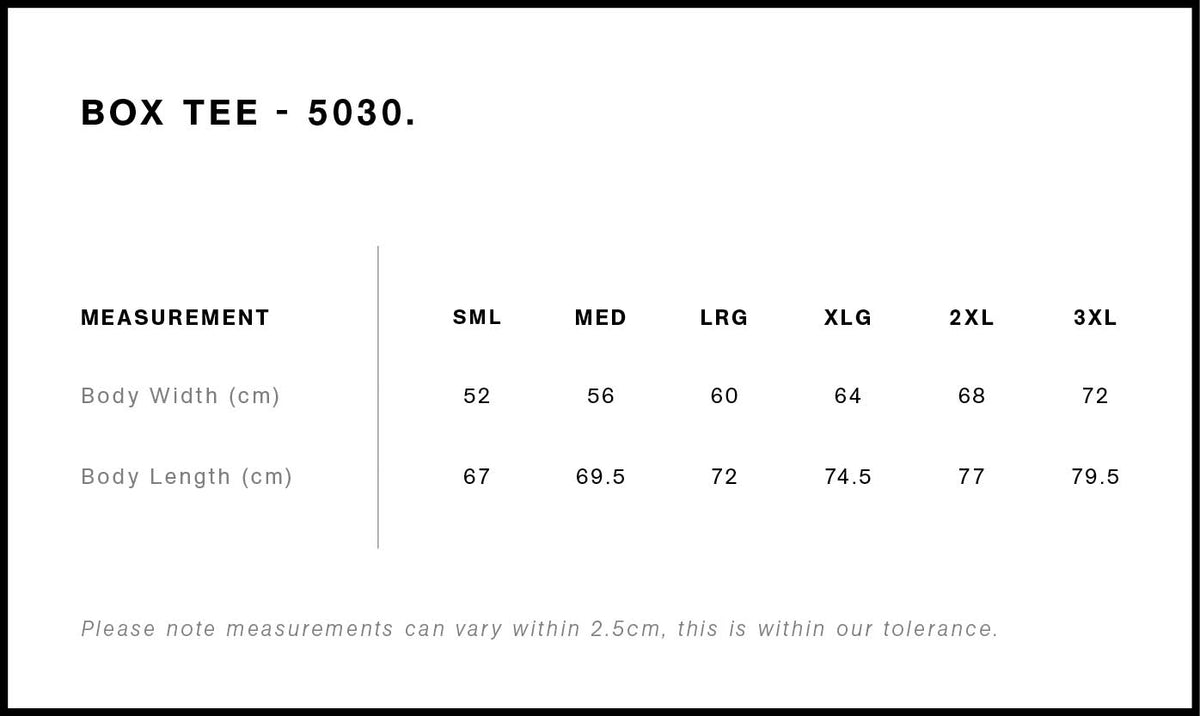 Box Tee 5030 - Size guide