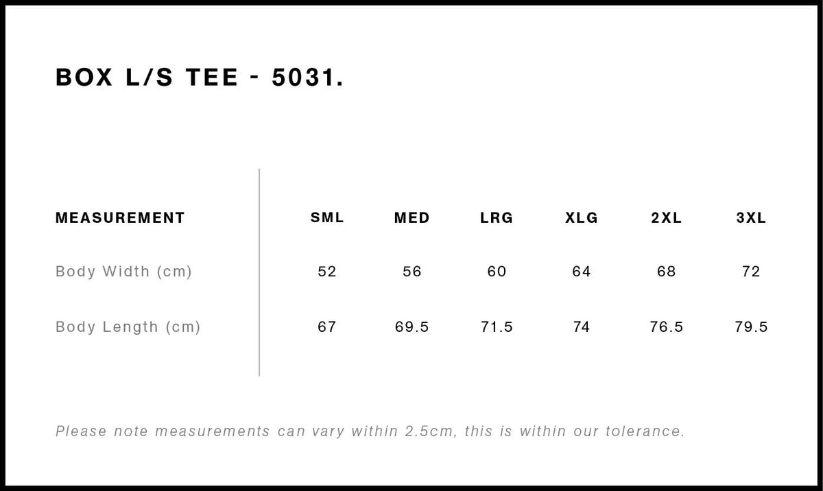 Box L/S Tee 5031 - Size guide