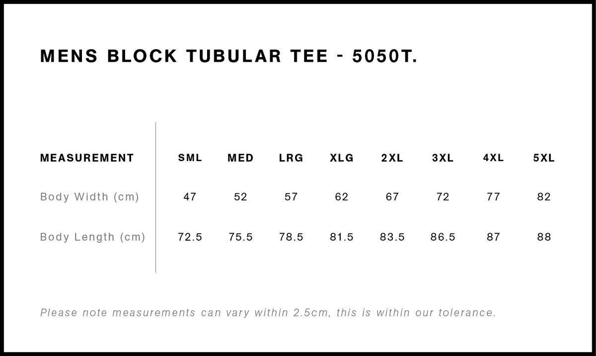 Block Tubular Tee 5050T - Size guide