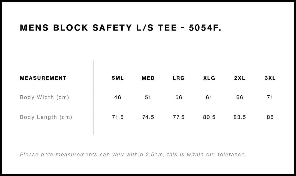 Block Safety L/S Tee 5054F - Size guide