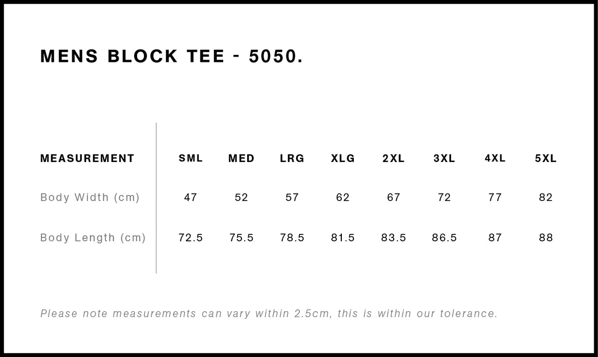 Block Minus Tee [-6cm] 5058 - Size guide