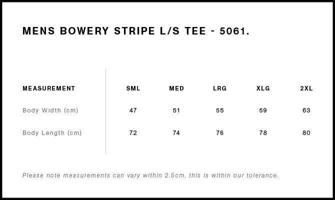 Bowery Stripe L/S Tee 5061S - Size guide
