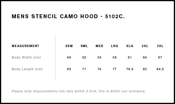 Stencil Camo Hood 5102C - Size guide
