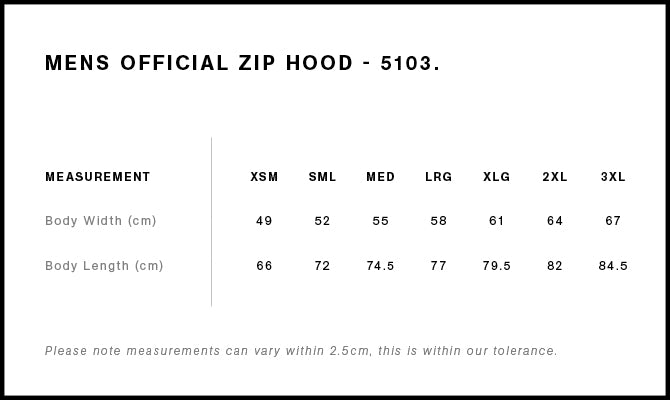 Official Zip Hood 5103S - Size guide