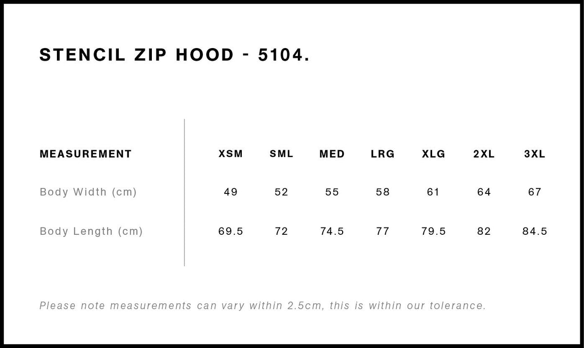 Stencil Zip Hood 5104 - Size guide