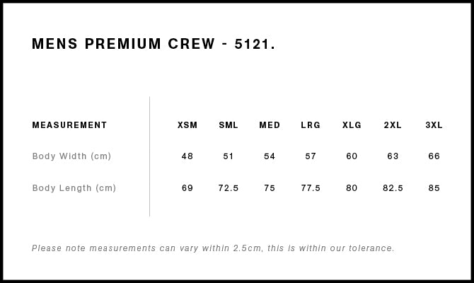 Premium Crew 5121S - Size guide