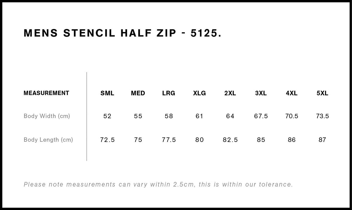 Stencil Half Zip Crew 5125 - Size guide