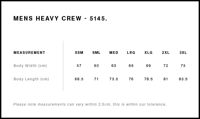 Heavy Crew 5145 - Size guide