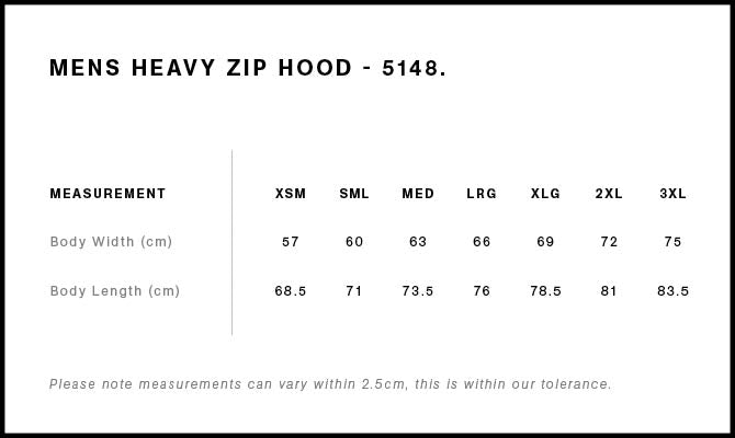 Heavy Zip Hood 5148 - Size guide