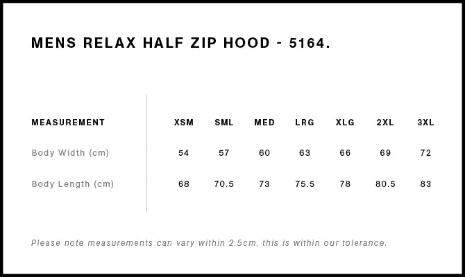 Relax Half Zip Hood 5164 - Size guide