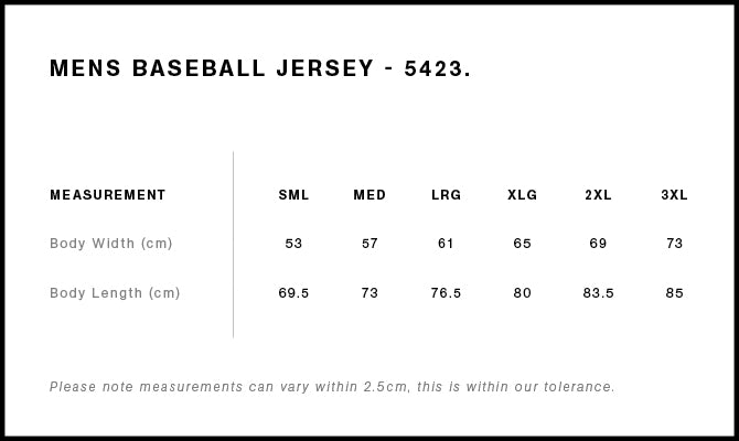 Heavy Baseball Jersey 5423 - Size guide