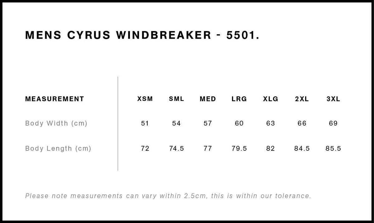 Cyrus Windbreaker 5501 - Size guide