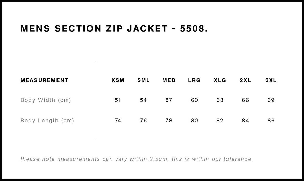Section Zip Jacket 5508 - Size guide