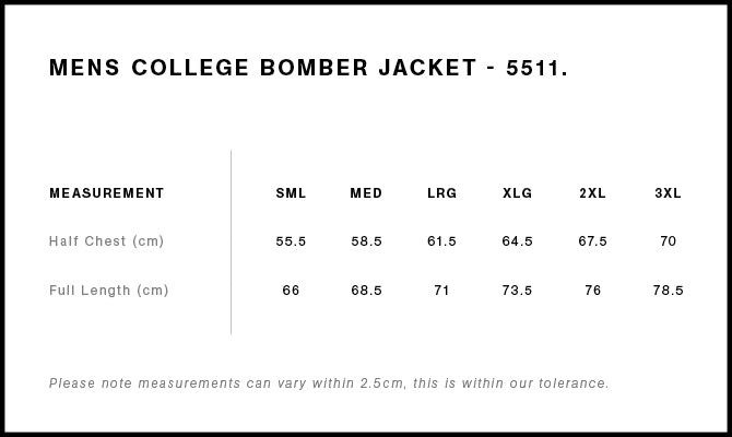 College Bomber Jacket 5511 - Size guide