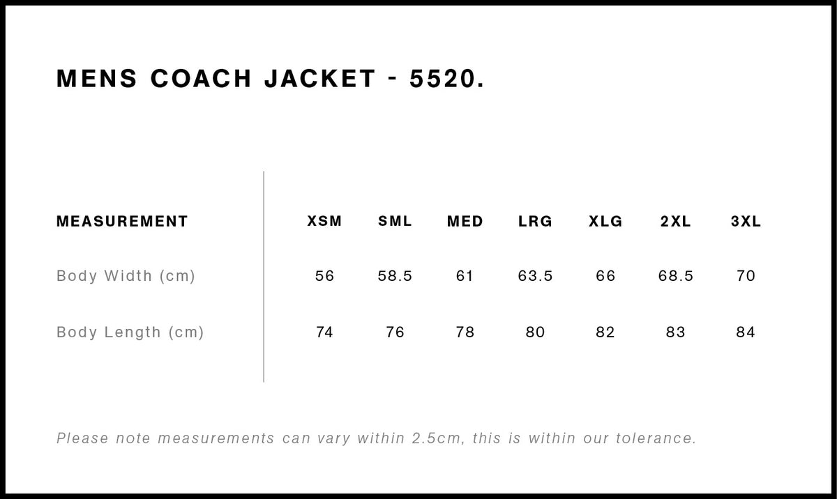 Coach Jacket 5520 - Size guide
