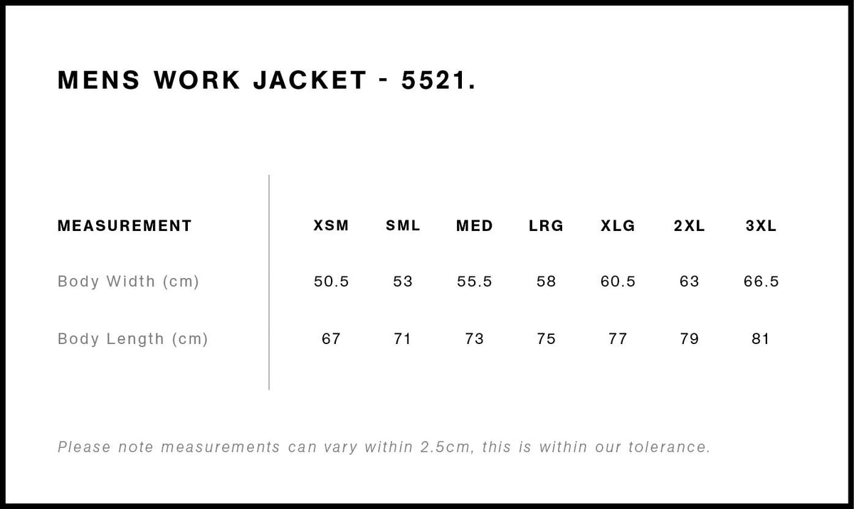 Work Jacket 5521S - Size guide