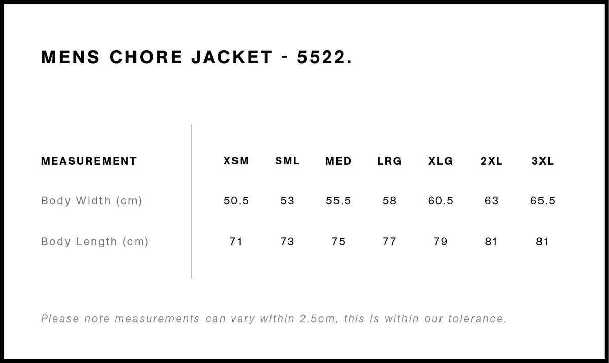 Chore Jacket 5522 - Size guide