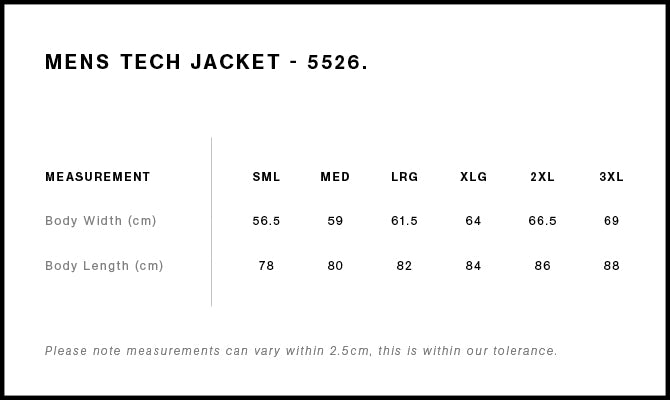 Tech Jacket 5526 - Size guide