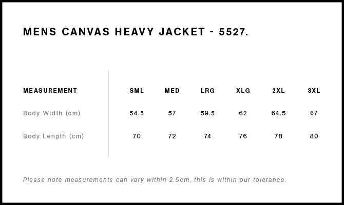 Canvas Heavy Jacket 5527 - Size guide