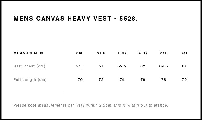 Canvas Heavy Vest 5528 - Size guide