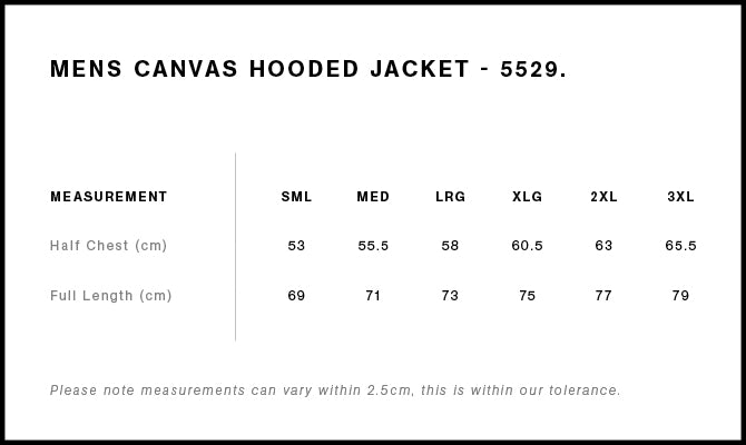 Canvas Heavy Hooded Jacket 5529 - Size guide