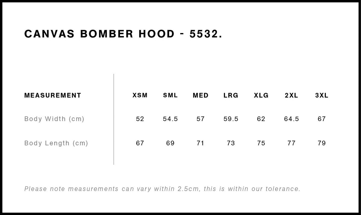Canvas Bomber Hood Jacket 5532 - Size guide