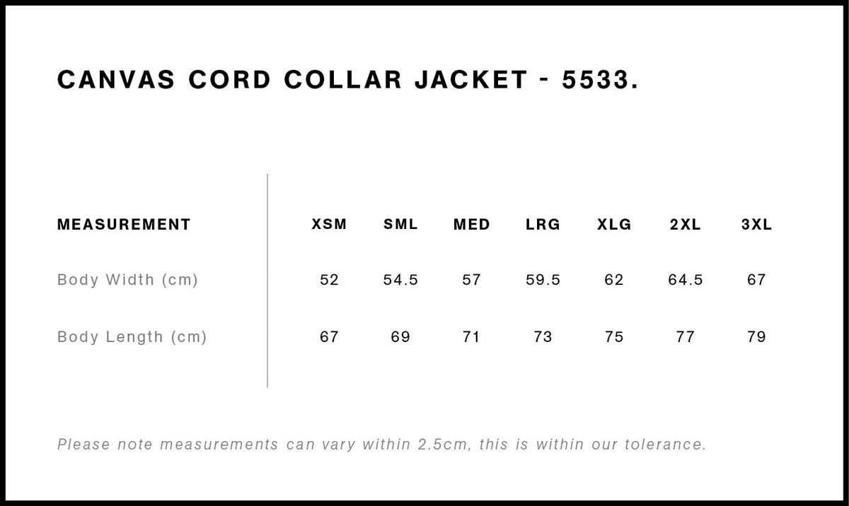 Canvas Cord Collar Jacket 5533 - Size guide