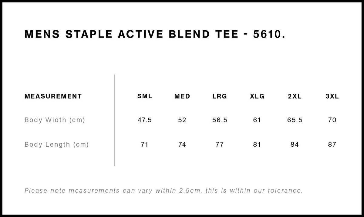 Staple Active Blend Tee 5610 - Size guide