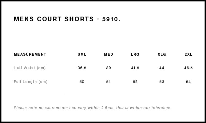 Court Shorts 20" 5910 - Size guide