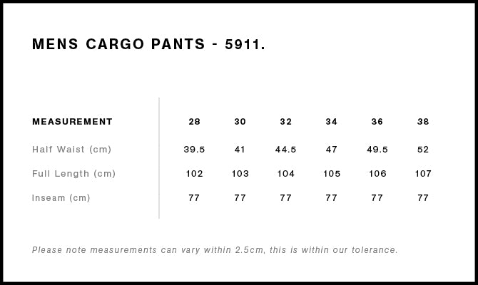 Utility Cargo Pants 5911S - Size guide