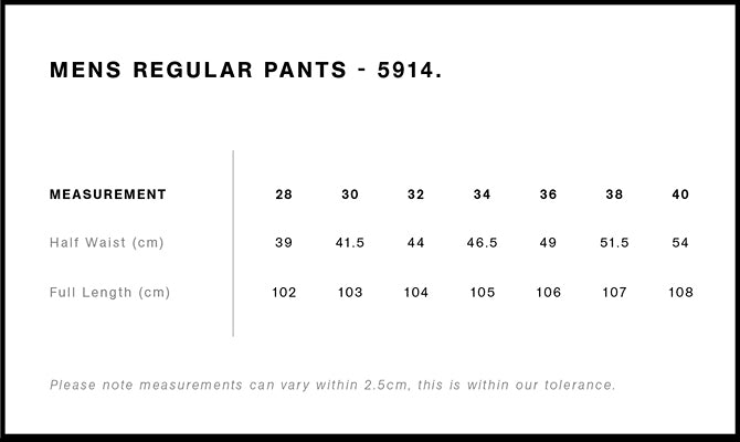 Regular Pants 5914S - Size guide