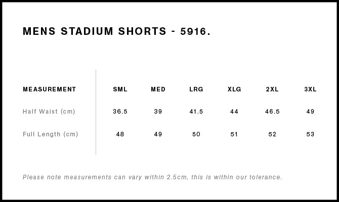 Stadium Shorts 5916S - Size guide