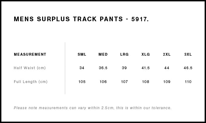 Surplus Track Pants 5917 - Size guide