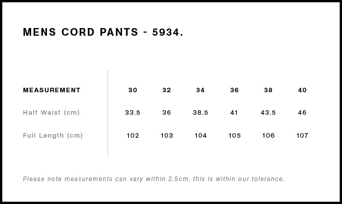 Cord Pants 5934S - Size guide
