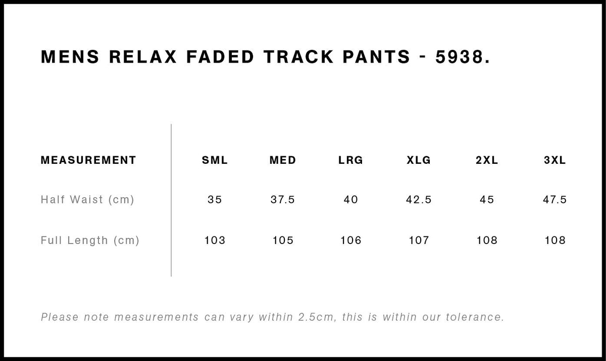 Relax Faded Track Pants 5938 - Size guide