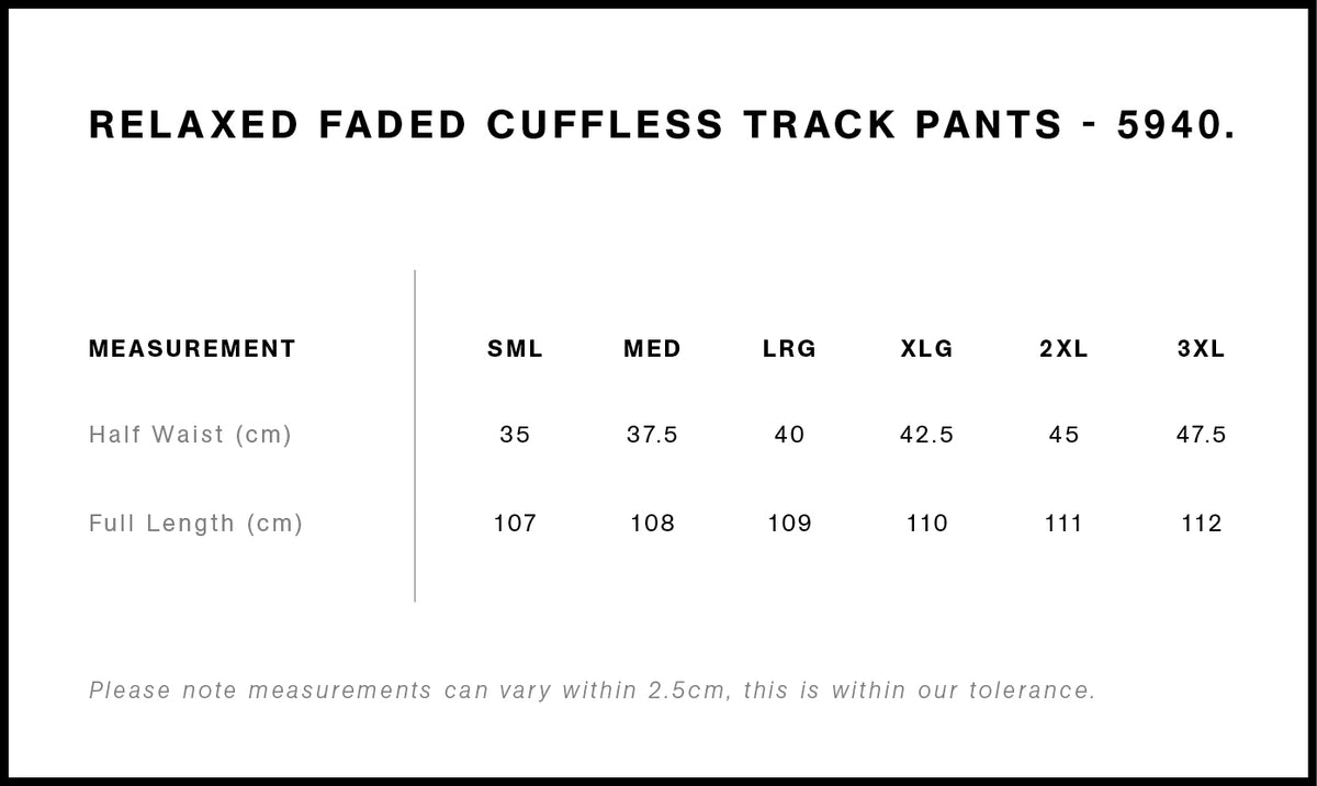 Relax Faded Cuffless Track Pants 5940 - Size guide