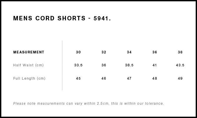 Cord Shorts 18" 5941 - Size guide