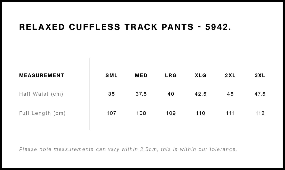 Relax Cuffless Track Pants 5942 - Size guide