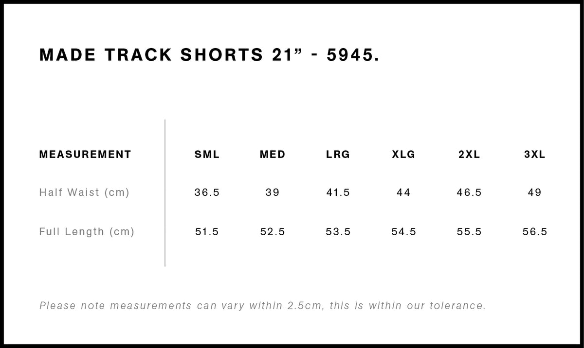 Made Track Shorts 21"| 5945 - Size guide