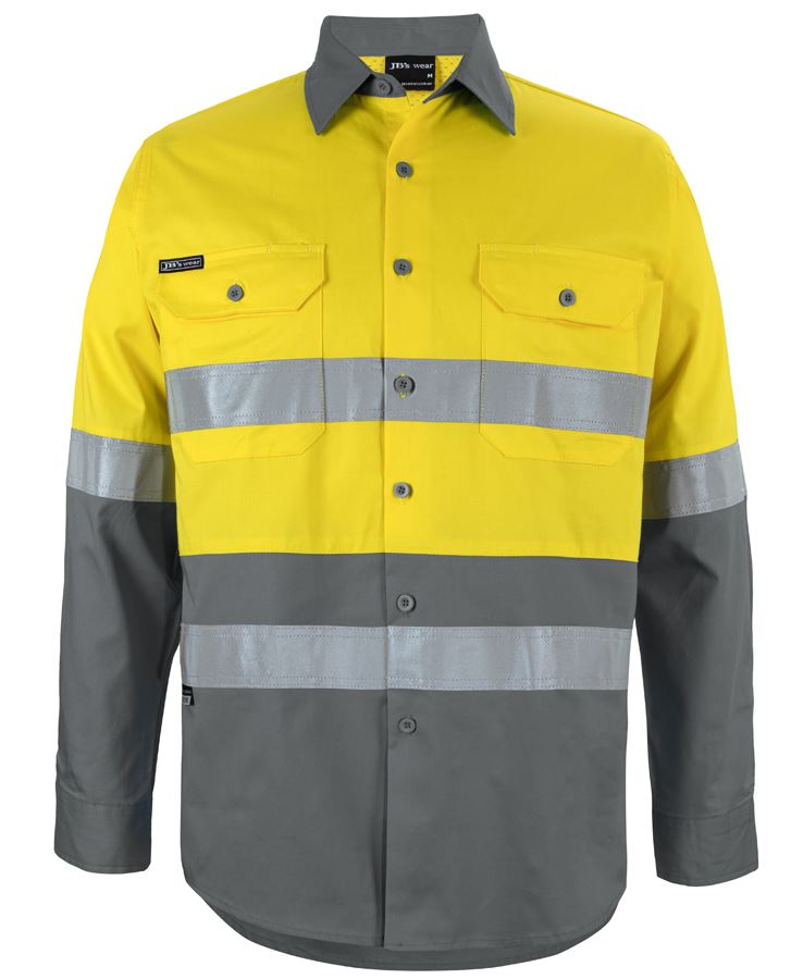 JB's Hi Vis L/S (D+N) 150G Work Shirt - Yellow/Charcoal - Front