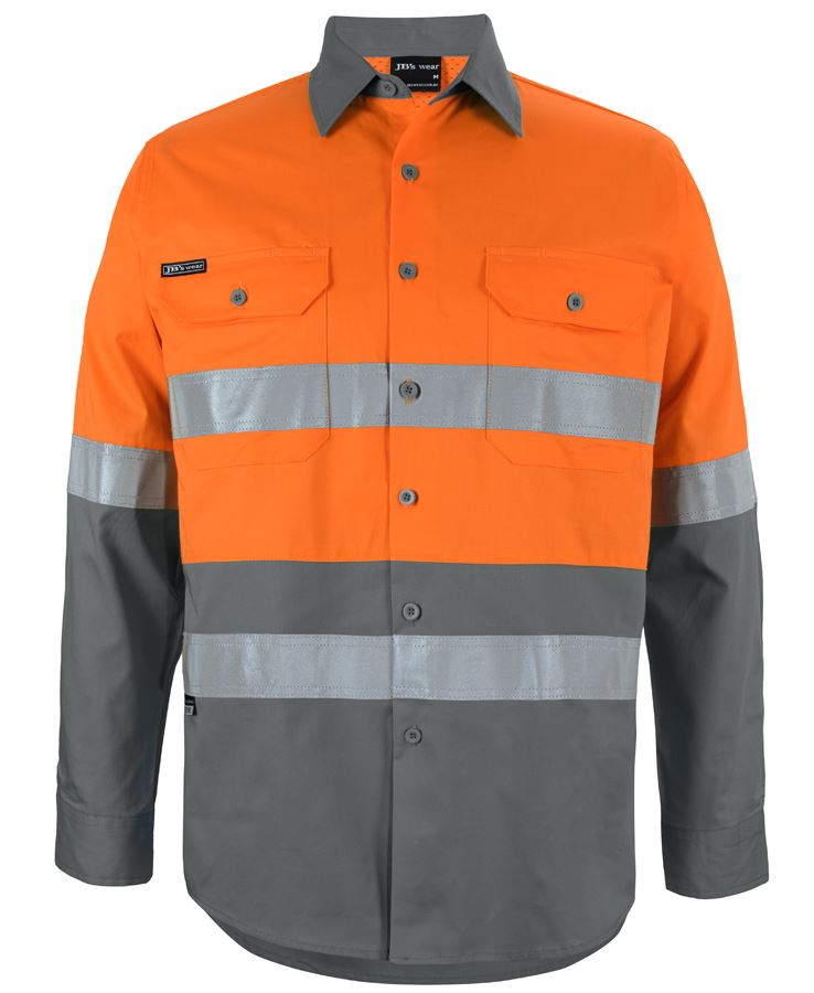 JB's Hi Vis L/S (D+N) 150G Work Shirt - Orange/Charcoal - Front