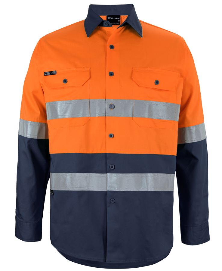 JB's Hi Vis L/S (D+N) 150G Work Shirt - Orange/Navy - Front
