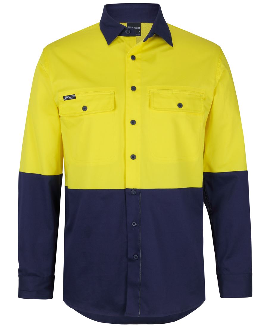 JB'S Hi Vis L/S Stretch Work Shirt - Yellow/Navy - Front