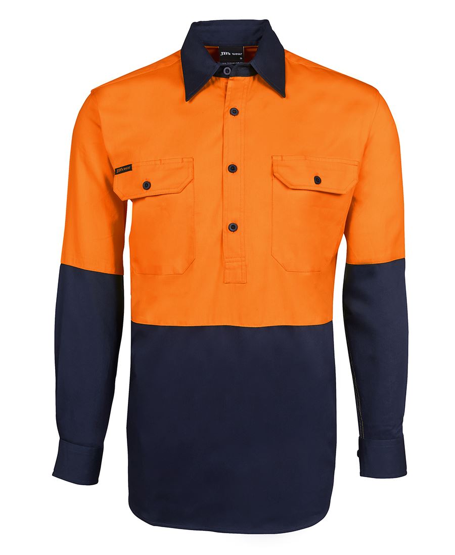 JB's Hi Vis Close Front L/S 190g Work Shirt - Orange/Navy - Front