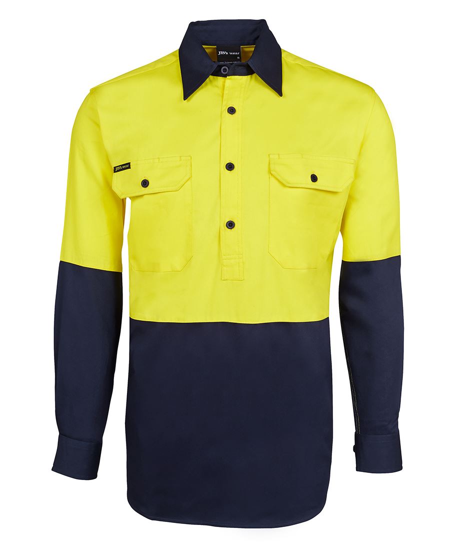 JB's Hi Vis Close Front L/S 190g Work Shirt - Yellow/Navy - Front