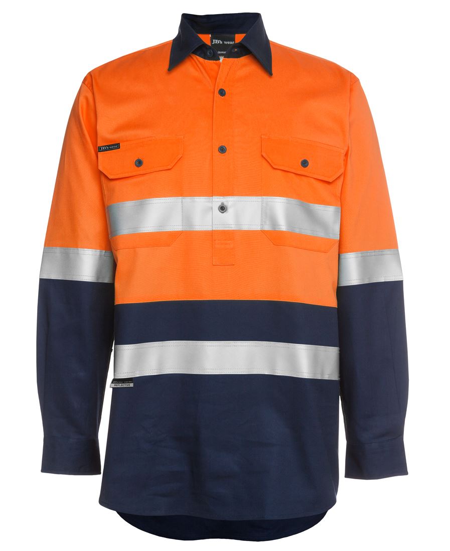 JB's Hi Vis (D+N) Close Front L/S 190g Work Shirt - Orange/Navy - Front